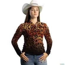 Camisa Country Feminina Brk Estampa de Onça com Uv50