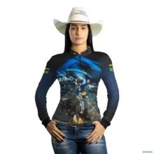Camisa Agro Azul Brk Rodeio e Vaquejada com Uv50 -  Gênero: Feminino Tamanho: Baby Look GG