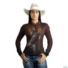 Camisa Agro BRK Marrom e Preto Mangalarga com UV50+ -  Gênero: Feminino Tamanho: Baby Look P