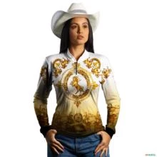 Camisa Country BRK Dourada Feminina Boiadeira com UV50 + -  Gênero: Feminino Tamanho: Baby Look M