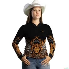 Camisa Country Feminina Brk Dourada e Preto Onça com Uv50 -  Gênero: Feminino Tamanho: Baby Look PP