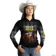 Camisa Country BRK Xadrez Preta Made in Roça Pecuária com UV50 + -  Gênero: Feminino Tamanho: Baby Look GG