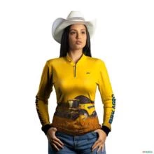 Camisa Agro Amarela BRK Colheitadeira CR5.85 com Proteção UV50+ -  Gênero: Feminino Tamanho: Baby Look PP