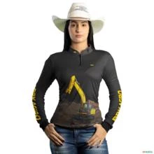 Camisa Agro BRK Amarela e Preta Escavadeira com UV50+ -  Gênero: Feminino Tamanho: Baby Look P