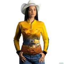 Camisa Agro BRK Colheitadeira Amarela Com Proteção UV50 + -  Gênero: Feminino Tamanho: Baby Look P