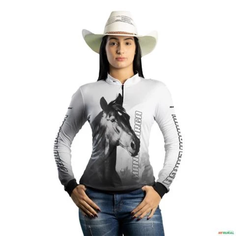 Camisa Country BRK Branca Cavalo Mangalarga com UV50 + -  Gênero: Feminino Tamanho: Baby Look XXG