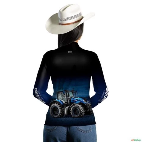 Camisa Agro BRK Preta Degradê Azul Trator T7 com Proteção UV50+ -  Gênero: Feminino Tamanho: Baby Look PP