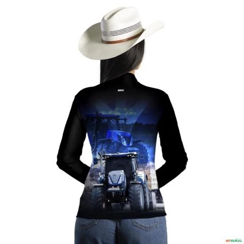 Camisa Agro BRK Azul e Preta Trator T7 com Proteção UV50+ -  Gênero: Feminino Tamanho: Baby Look M
