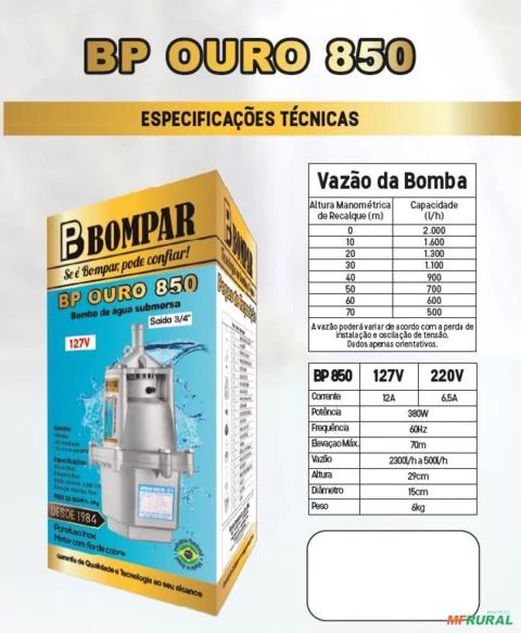 BOMBA BOMPAR SUBMERSA BP-OURO-850 380W. 3/4 -  Voltagem: MONOF. 220V.
