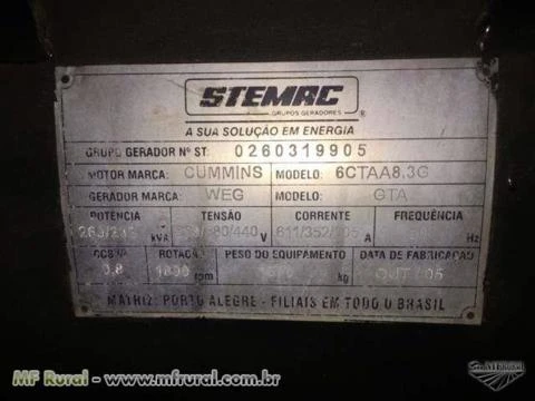 GRUPO GERADOR STEMAC 260 KVA ANO 2005 CABINADO E SILENCIADO