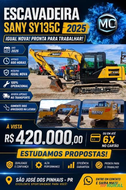 Escavadeira Sany SY135C 2025 com Apenas 600 Horas — Igual Nova e com Preço Imperdível! Imagem Escavadeira Sany SY135C 2025 com Apenas 600 Horas — Igual Nova e com Preço Imperdível!