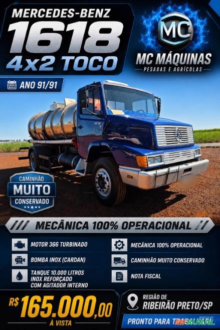 Mercedes-Benz 1618 4x2 1991 – Caminhão Pipa 10.000 Litros Inox, Pronto para Trabalhar Imagem Mercedes-Benz 1618 4x2 1991 – Caminhão Pipa 10.000 Litros Inox, Pronto para Trabalhar