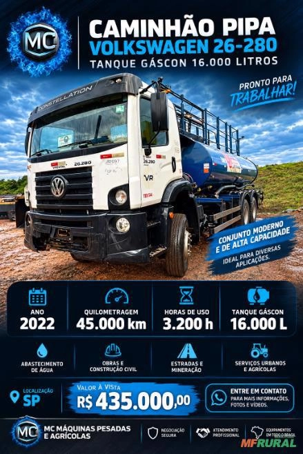 Caminhão Volkswagen 26-280 Pipa 2022 – Tanque Gáscon 16.000 Litros Imagem Caminhão Volkswagen 26-280 Pipa 2022 – Tanque Gáscon 16.000 Litros