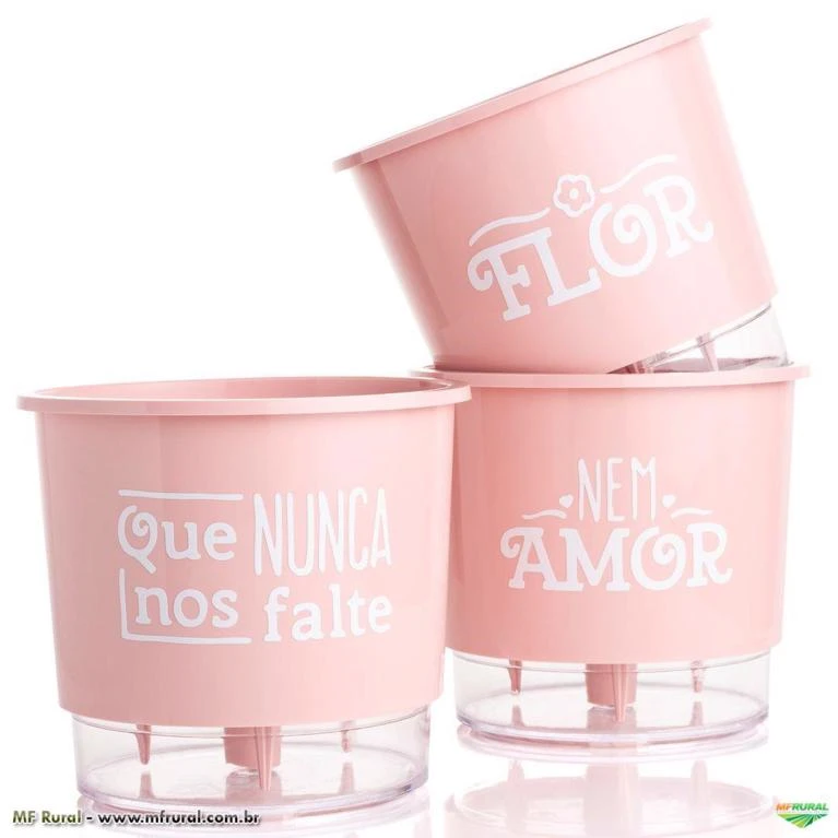 Kit 3 Vasos Autoirrigáveis Pequenos N02 12 cm x 11 cm Flor e Amor Rosa Quartzo