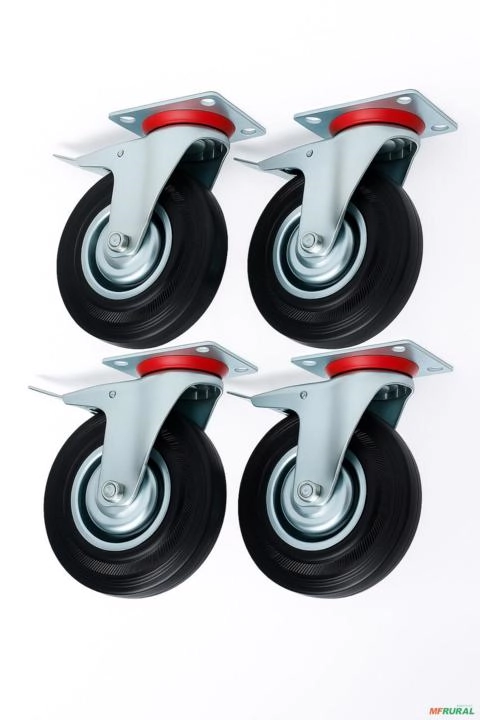 Kit 4 Rodízios Giratórios 5 Polegadas Borracha com Freio 100kg Reforçado Industrial Imagem Kit 4 Rodízios Giratórios 5 Polegadas Borracha com Freio 100kg Reforçado Industrial