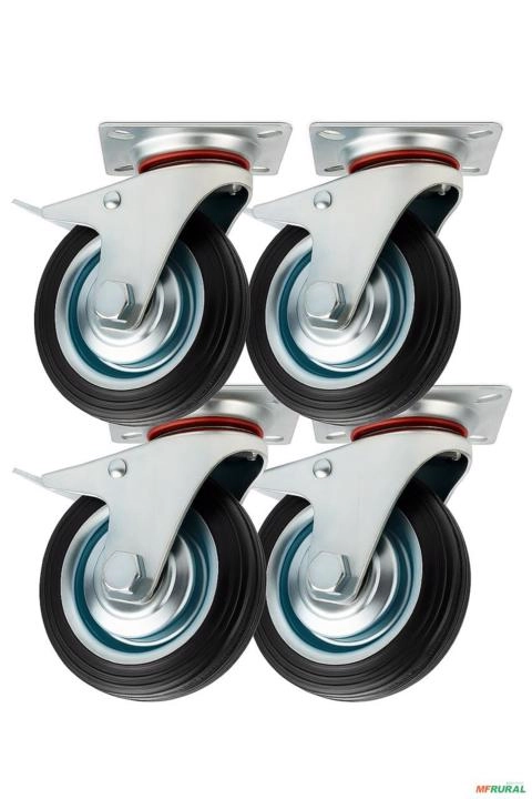Kit 4 Rodízios Giratórios 3 Polegadas Borracha com Freio 40kg - Reforçado Industrial Imagem Kit 4 Rodízios Giratórios 3 Polegadas Borracha com Freio 40kg - Reforçado Industrial
