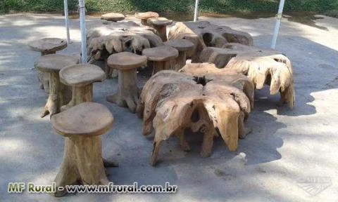 Banqueta banco de madeira rustica e tronco raiz jardim demolição
