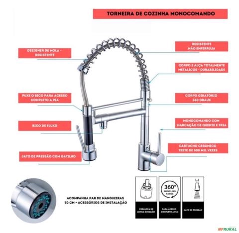Imagem Torneira Cozinha Gourmet Pia Monocomando Extensível 50cm C2380 Imagem Torneira Cozinha Gourmet Pia Monocomando Extensível 50cm C2380