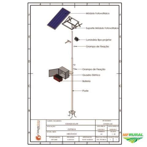 Poste Solar Autônomo - 1 Projetor LED - Base de Fixação Cidade Solar