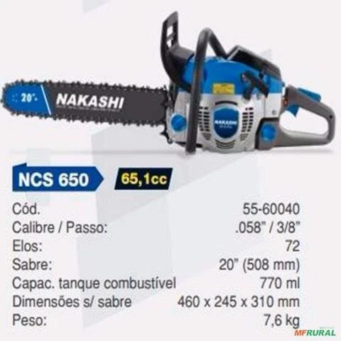 Motosserra Profissional Nakashi NCS650 65,1 cilindradas Vela NGK e Carburador Walbro