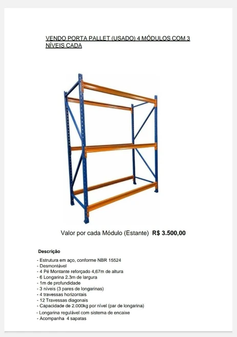 PORTA PALLET (USADO) 7 MÓDULOS COM 3 NÍVEIS CADA