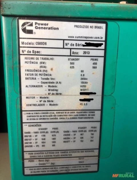 GERADOR DE ENERGIA CARENADO 625/600 KVA 6900 HORAS DE USO