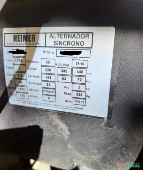 Imagem GERADOR DE ENERGIA 55/50 KVA/ ANO 2012/ 375 HRS/ PAINEL DE COMANDO ANALÓGICO Imagem GERADOR DE ENERGIA 55/50 KVA/ ANO 2012/ 375 HRS/ PAINEL DE COMANDO ANALÓGICO