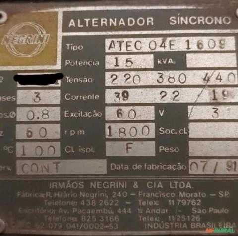 Imagem GERADOR DE ENERGIA 15 KVA/ ANO 1991/ 300 HRS/ REVISADO/ C / GARANTIA Imagem GERADOR DE ENERGIA 15 KVA/ ANO 1991/ 300 HRS/ REVISADO/ C / GARANTIA
