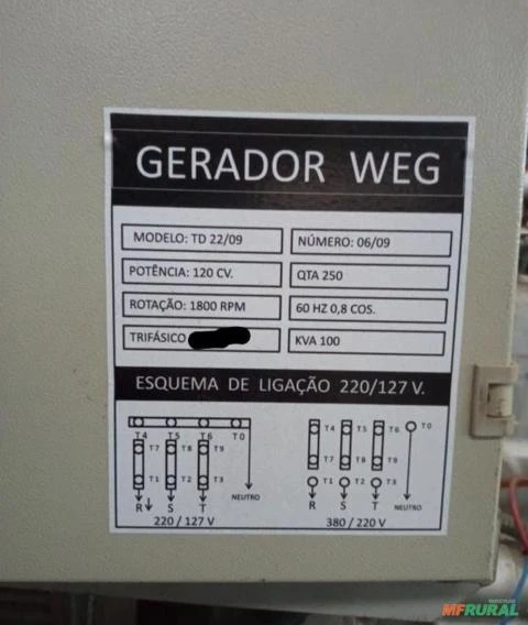 GERADOR DE ENERGIA 100 KVA/ C/ (Q.T.A)