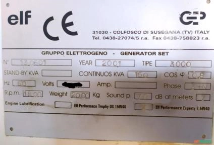 Imagem GERADOR DE ENERGIA 150 KVA/ ANO 2001 Imagem GERADOR DE ENERGIA 150 KVA/ ANO 2001