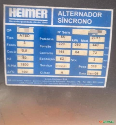 Imagem GERADOR DE ENERGIA 55/50 KVA/ ANO:2008 Imagem GERADOR DE ENERGIA 55/50 KVA/ ANO:2008