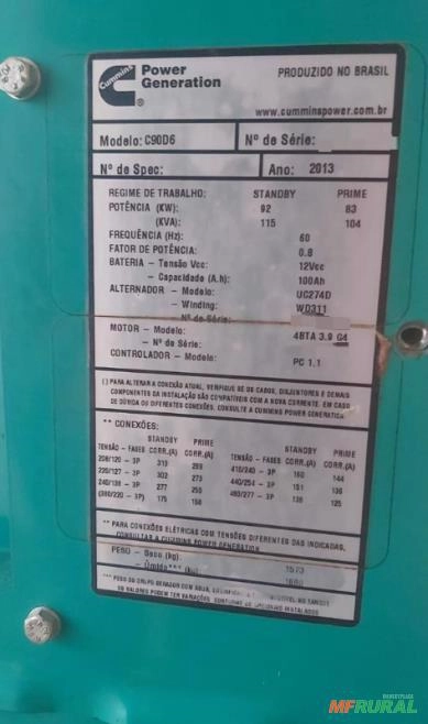Imagem GERADOR DE ENERGIA 115/100 KVA/ ANO 2013/ PAINEL DE COMANDO DIGITAL Imagem GERADOR DE ENERGIA 115/100 KVA/ ANO 2013/ PAINEL DE COMANDO DIGITAL