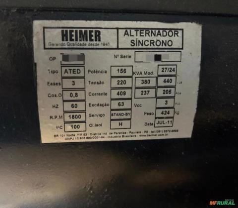 Imagem GERADOR DE ENERGIA 150 KVA/ ANO: 2011 Imagem GERADOR DE ENERGIA 150 KVA/ ANO: 2011