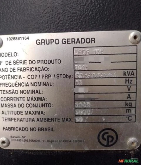 GERADOR DE ENERGIA 180/150 KVA/ ANO 2017/C/ (Q.T.A)
