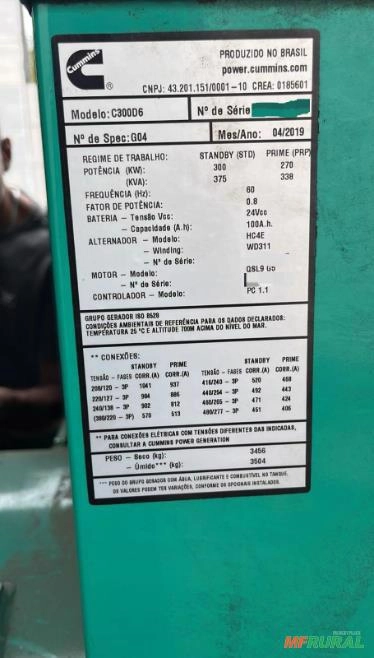 Imagem GERADOR ENERGIA 375/360/ 350 KVA 2019 1610 Hrs MOTOR CUMMINS Imagem GERADOR ENERGIA 375/360/ 350 KVA 2019 1610 Hrs MOTOR CUMMINS