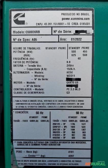Imagem Gerador de Energia 625 kVA 600kVA Ano 2021 Cummins 1710 hrs 625kVA 600kVA Imagem Gerador de Energia 625 kVA 600kVA Ano 2021 Cummins 1710 hrs 625kVA 600kVA