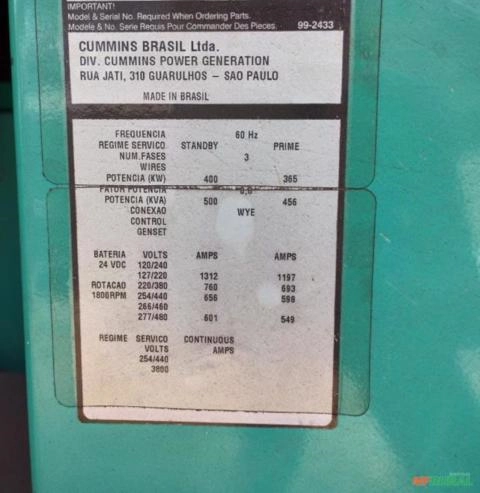 Imagem Gerador de Energia 500 kVA Ano 2012 Cummins Carenado 4500 hrs 500kVA Imagem Gerador de Energia 500 kVA Ano 2012 Cummins Carenado 4500 hrs 500kVA