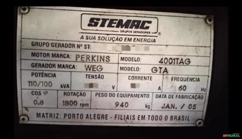 Imagem GERADOR ENERGIA 110/100 KVA 2005 + QTA Imagem GERADOR ENERGIA 110/100 KVA 2005 + QTA