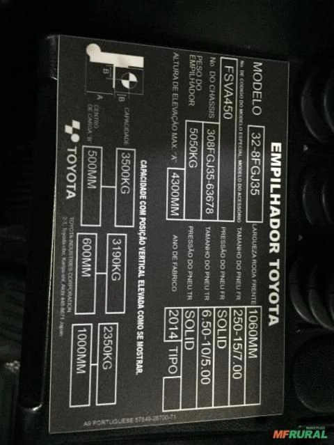 Imagem Empilhadeira TOYOTA - Modelo 8FGJ35 Imagem Empilhadeira TOYOTA - Modelo 8FGJ35