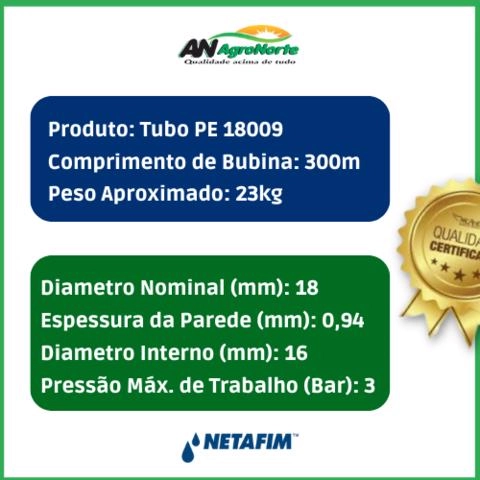 Imagem TUBO CEGO PE 18009 NETAFIM - 300M Imagem TUBO CEGO PE 18009 NETAFIM - 300M