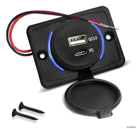 Tomada Carregador Veicular USB e USB-PD Tipo C Van Carro Caminhão 12v 24v 3Ah Imagem Tomada Carregador Veicular USB e USB-PD Tipo C Van Carro Caminhão 12v 24v 3Ah