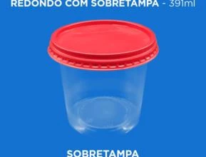 Pote Plástico Transparente Redondo Com Sobretampa - 400 ml -  Cor: Sobretampa Vermelha