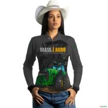 Camisa Agro BRK Cinza Brasil é Agro com UV50 + -  Gênero: Feminino Tamanho: Baby Look GG