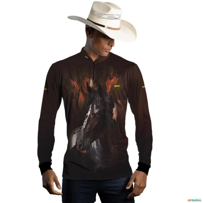 Camisa Country BRK Marrom e Preto Mangalarga  com UV50 + -  Gênero: Masculino Tamanho: GG