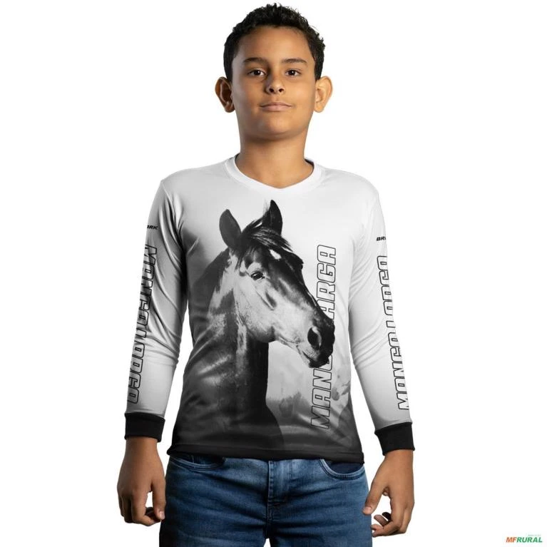 Camisa Country BRK Branca Cavalo Mangalarga com UV50 + -  Gênero: Infantil Tamanho: Infantil XG