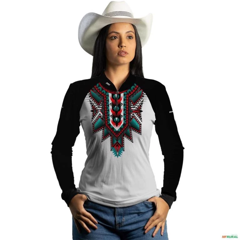 Camisa Agro Feminina Brk Apache Branca e Preta com Uv50 -  Gênero: Feminino Tamanho: Baby Look P