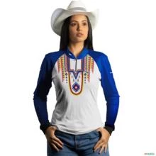 Camisa Agro Feminina Brk Apache Branca e Azul com Uv50 -  Gênero: Feminino Tamanho: Baby Look PP
