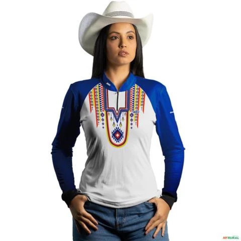 Camisa Agro Feminina Brk Apache Branca e Azul com Uv50 -  Gênero: Feminino Tamanho: Baby Look P