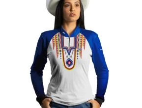 Camisa Agro Feminina Brk Apache Branca e Azul com Uv50 -  Gênero: Feminino Tamanho: Baby Look GG