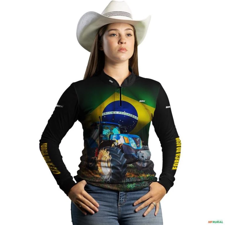 Camisa Agro BRK Preta Trator Azul com UV50 + -  Gênero: Feminino Tamanho: Baby Look XXG